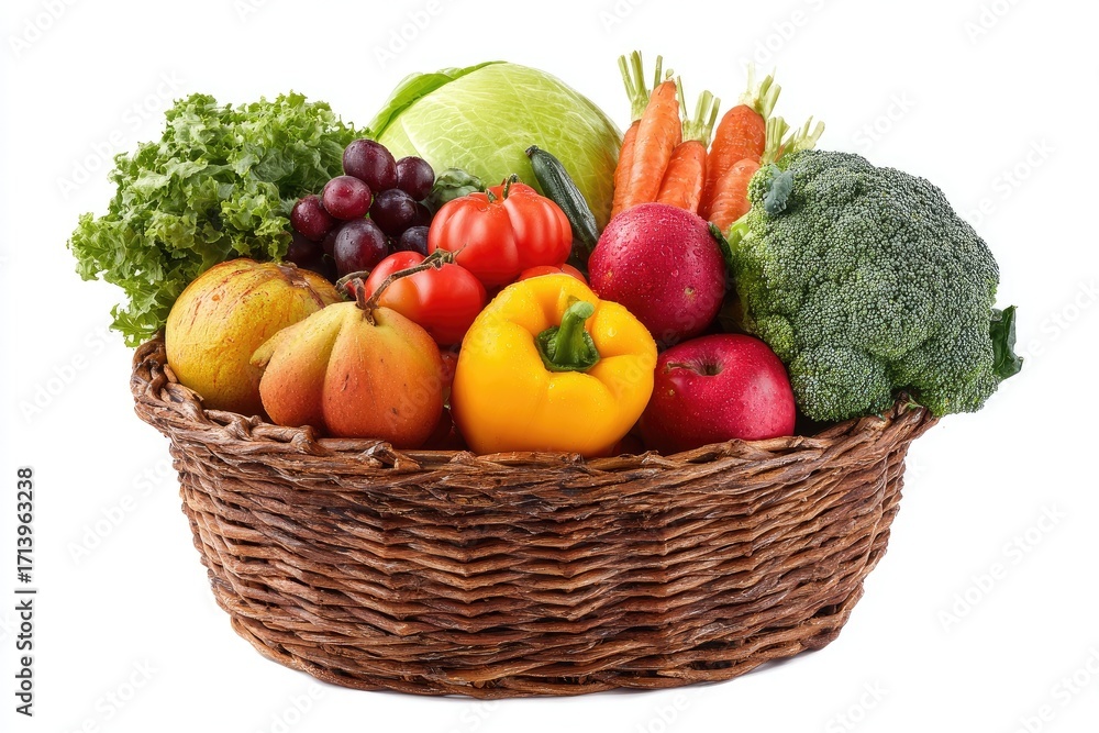 Fototapeta premium Colorful assortment of fresh fruits and vegetables in a woven basket