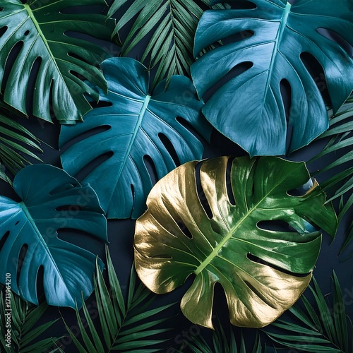 Tropical leaf arrangement on a dark background