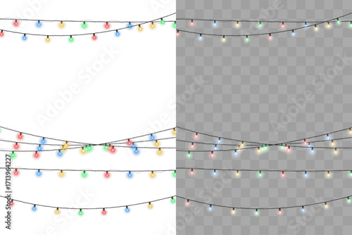 Vector glowing Christmas garland with bright colorful lamps isolated on transparent background. Decorative festive light string perfect for holiday season, Xmas party design, greeting card, or celebra