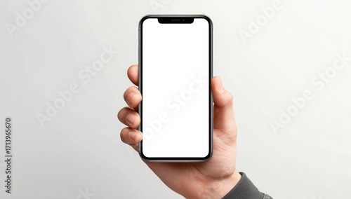 Hand holding a smartphone with blank screen against a light gray background (2)