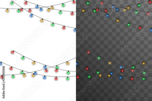 Christmas garland with multicolored glowing bulbs isolated on transparent background. Festive holiday light string decoration for Christmas party, New Year celebration, seasonal design, or winter even