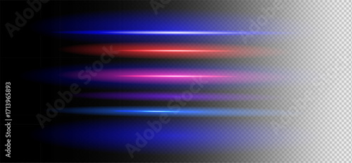 Glowing neon light streaks set in red, pink and blue on transparent background. Light trails. Luminous abstract laser beams. Perfect for overlays, web design, banners, and digital sale promotions