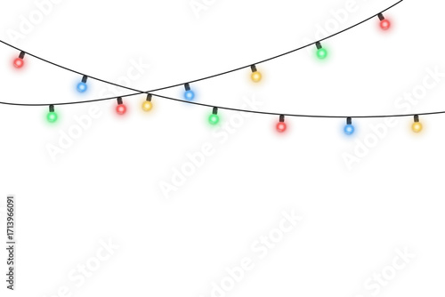 Decorative multicolored Christmas lights garland with large shining bulbs. Vector festive glowing string isolated on transparent background for New Year design, holiday decoration, or winter celebrati