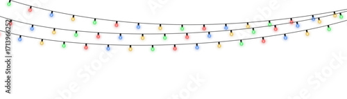 Vector Christmas garland with glowing multicolored lights. Decorative LED string bulbs isolated on transparent background for holiday celebration, Xmas party, New Year greeting card, or seasonal desig