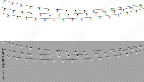 Vector Christmas garland with glowing multicolored lights. Decorative LED string bulbs isolated on transparent background for holiday celebration, Xmas party, New Year greeting card, or seasonal desig