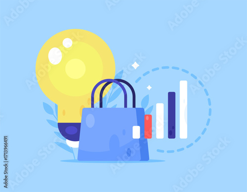 Illustration of the concept of ideas, solutions, and innovations to increase sales. Tips and tricks. Illustration of shopping bags, lights, increasing graphs. Flat style element design. Blue