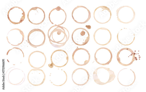 Coffee cup or tea stain drink ring vector illustration set isolated on white background. Coffee stain mark trace ring cup spot trace. Brown round splashes of drink collection.