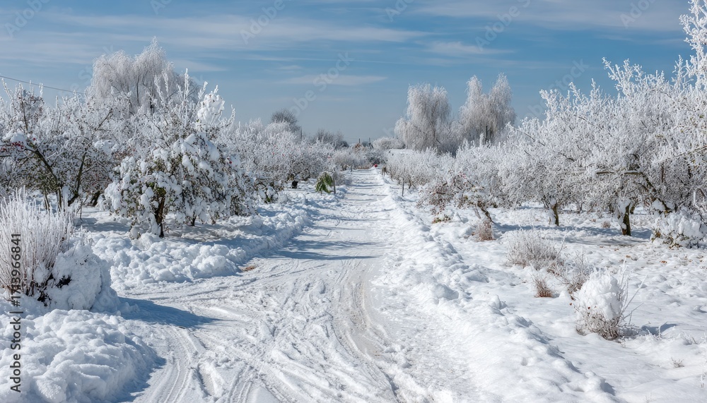 Obraz premium Snow-covered path winds through a frost-laden orchard under a bright winter sky