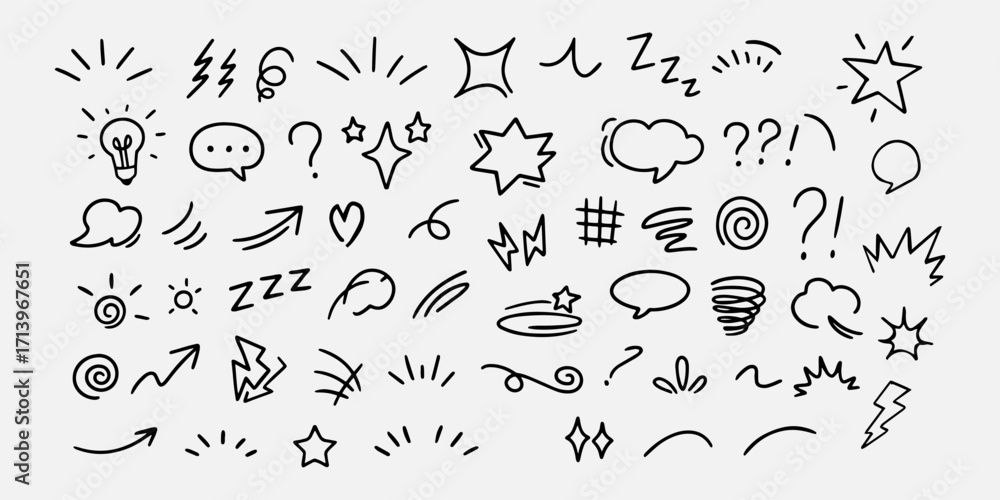 Fototapeta premium Comic design elements, manga expression, cartoon speech bubbles and emotion symbols, anime doodle elements collection