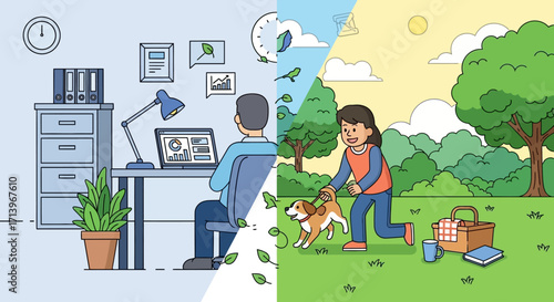 Man working on laptop and woman walking dog.