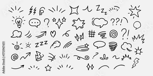 Comic design elements, manga expression, cartoon speech bubbles and emotion symbols, anime doodle elements collection