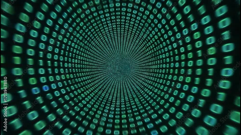 Immersive digital stream of glowing binary code plunging into a futuristic data tunnel creating a sense of rapid information flow and technological advancement