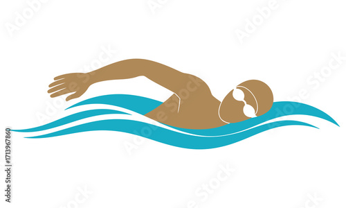 Swimmer in Surface Water, Butterfly Swim Stroke, free style swimming. 