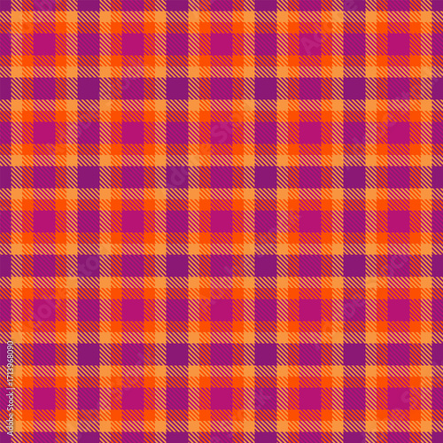 Short plaid tartan vector, orange seamless textile texture. Peach fabric check background pattern in pink and orange colors.
