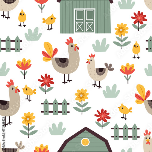 Pattern with chicken farm in the background.