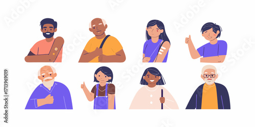 Diverse group of people of different ages and ethnicities showing vaccination marks and giving thumbs up