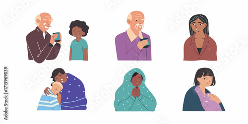 Diverse group of people in different poses and expressions showing connection and emotion