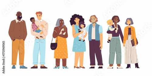 Diverse group of people and families with babies and children standing together in a line