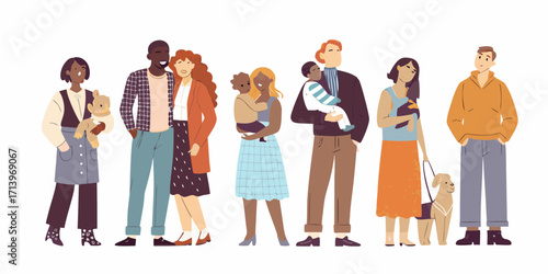 Diverse group of people standing together with children and pets representing modern families and community