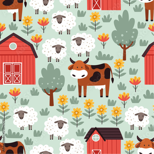 Seamless pattern with green meadow, farm houses, cows, flock of sheep and plants.