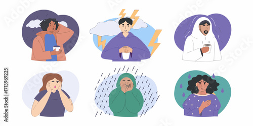 Diverse group of people experiencing various negative emotions and weather conditions