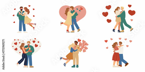 Collection of diverse couples embracing and dancing surrounded by hearts celebrating love and romance