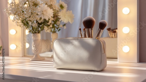 Off-white makeup brush case sits on a vanity, bathed in sunlight, with a floral arrangement and lighted mirror in the background