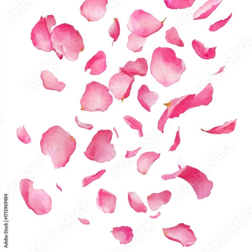Delicate pink rose petals falling in a soft flurry against a white background
