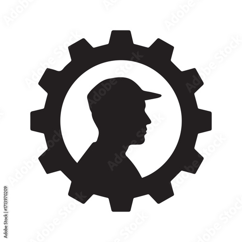 Worker in gear icon. Industrial engineer or mechanic silhouette symbol for manufacturing and labor.
