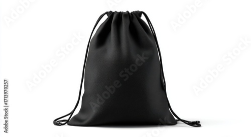 A simple black drawstring bag, seemingly made of a smooth, possibly leather-like material, sits against a stark white background.  The bag is cylindrical with a gathered top and long cords