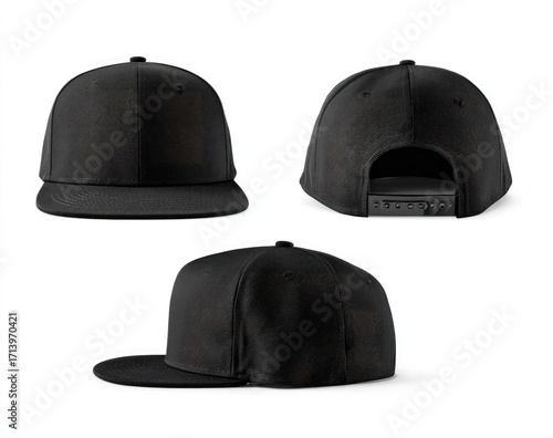 Three views of a black baseball cap (3)