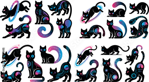 Seamless pattern with cats and vector silhouettes of animals and people