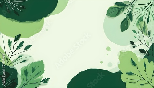 Minimal Abstract Green Botanical Background with Organic Shapes and Line Leaves