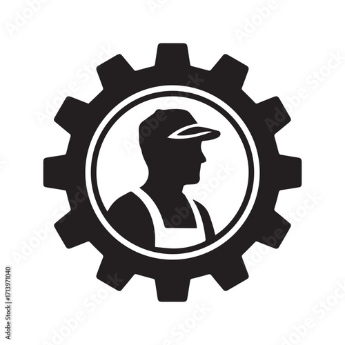 Worker in gear icon. Industrial engineer or mechanic silhouette symbol for manufacturing and labor.
