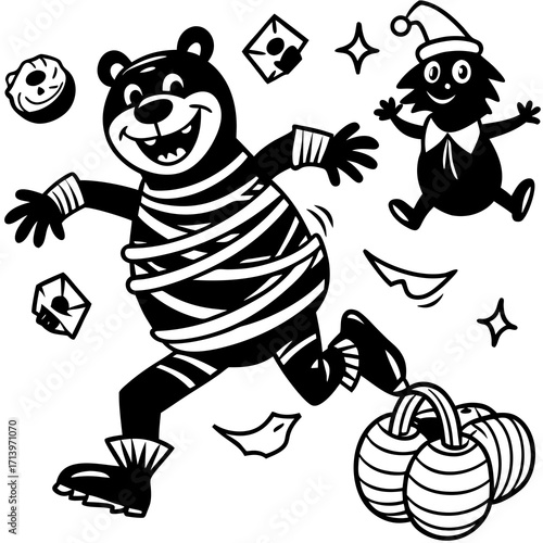 "Funny Mummy Bear with Pumpkin and Ghosts | Humorous Halloween Cartoon Vector Illustration"