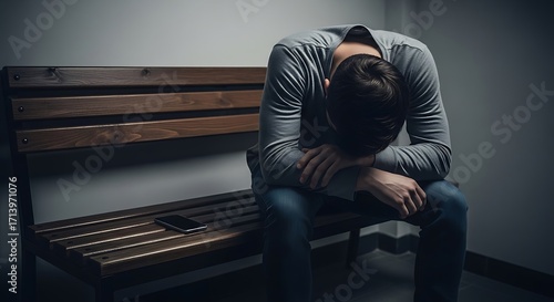 A despondent and lonely man sits hunched over on a wooden bench in a dark room, consumed by sadness and despair.