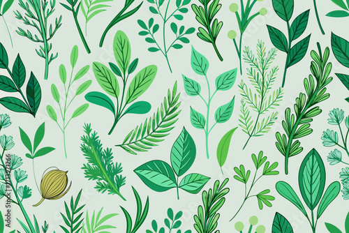 Botanical bliss with fresh green herbs and flourishing leaves, a vibrant pattern perfect for spring designs and nature-inspired projects, originally a vector graphic