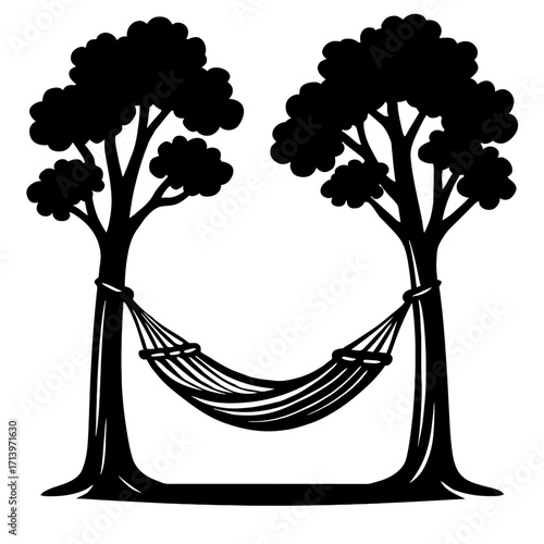Vector Illustration of a Hammock Tied to Two Trees. A Classic Icon for Relaxation, Outdoor Leisure, and Vacation.