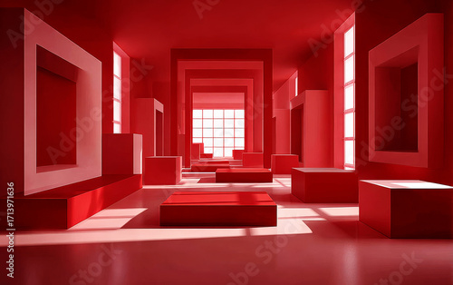 A vibrant red interior space with geometric shapes and bright light