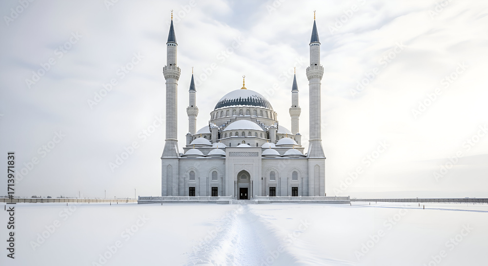 Naklejka premium The Kul Sharif Mosque in Winter: A Snowy Architectural Wonder.