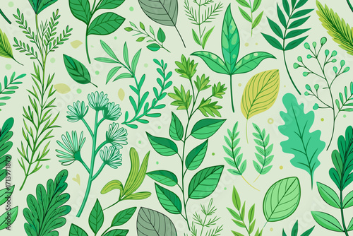 Delightful botanical pattern featuring lush green leaves and delicate foliage, perfect for adding a touch of nature to your creative projects and designs