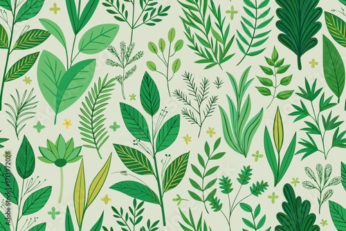 Lush botanical pattern with vibrant green leaves and delicate floral accents, perfect for adding a touch of nature to any design project, vibrant, and fresh