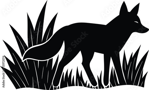 A wild wolf silhouette drawing in the woods, a black and white illustration of a mammal in nature