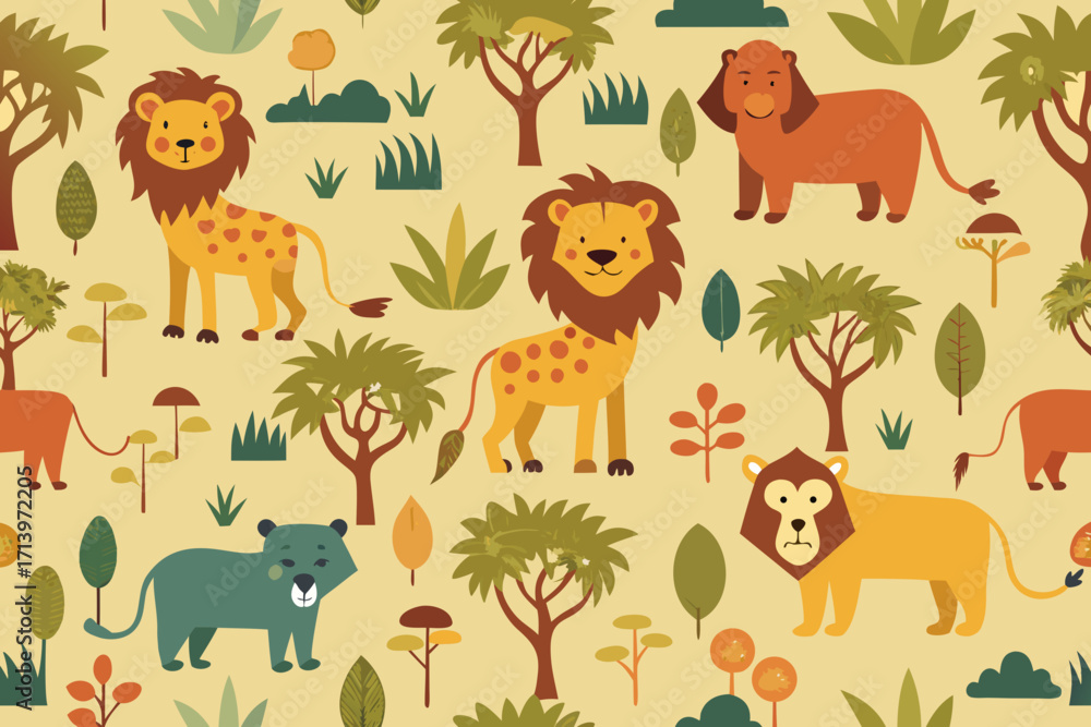 Fototapeta premium Whimsical safari adventure awaits with this charming lion pattern, perfect for kids' projects, textiles, and delightful decor, a touch of jungle fun