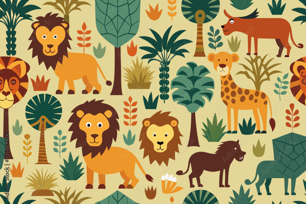 Naklejka premium Whimsical jungle pattern featuring lions, giraffes, and abstract trees perfect for children's decor, playful textiles, and charming stationery designs