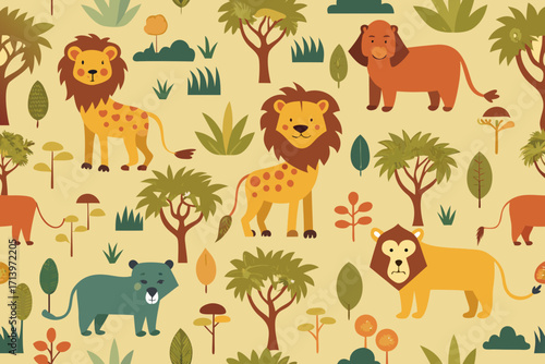 Whimsical safari adventure awaits with this charming lion pattern, perfect for kids' projects, textiles, and delightful decor, a touch of jungle fun