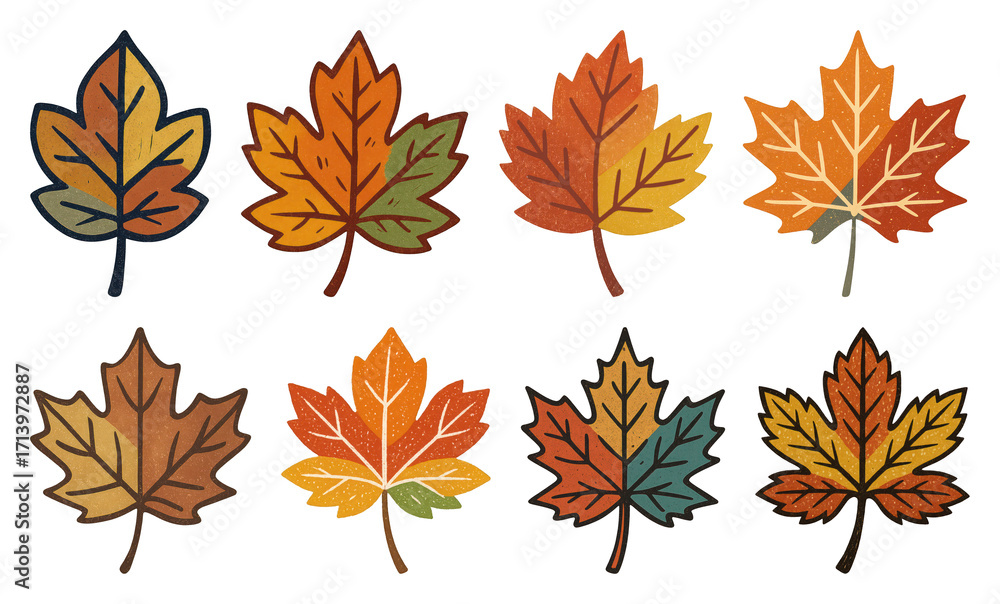 Fototapeta premium PNG Colorful autumn leaves illustration, element set on transparent background