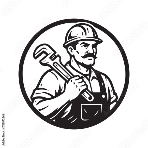 Plumber holding a pipe wrench icon. Mascot logo for plumbing service or handyman repairman. Black and white vector illustration.
