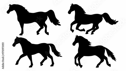 Four horse silhouettes in various poses standing and running isolated on a white background vector illustration