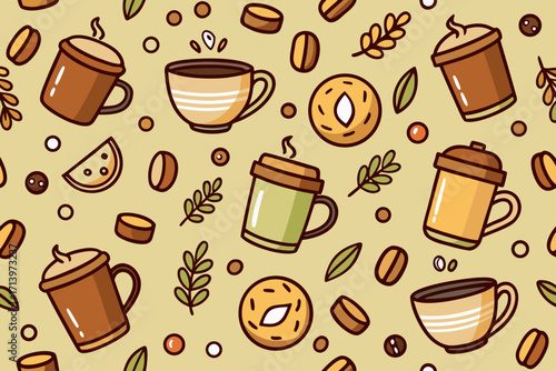 Warm coffee mugs and delicious donuts in a seamless pattern, perfect for a cozy cafe or bakery themed design, adding a touch of sweetness to any project